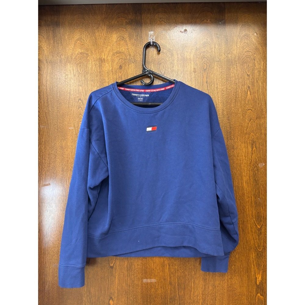 Tommy Hilfiger Sport Womens Royal Blue Crewneck Sweatshirt Logo Cropped Large